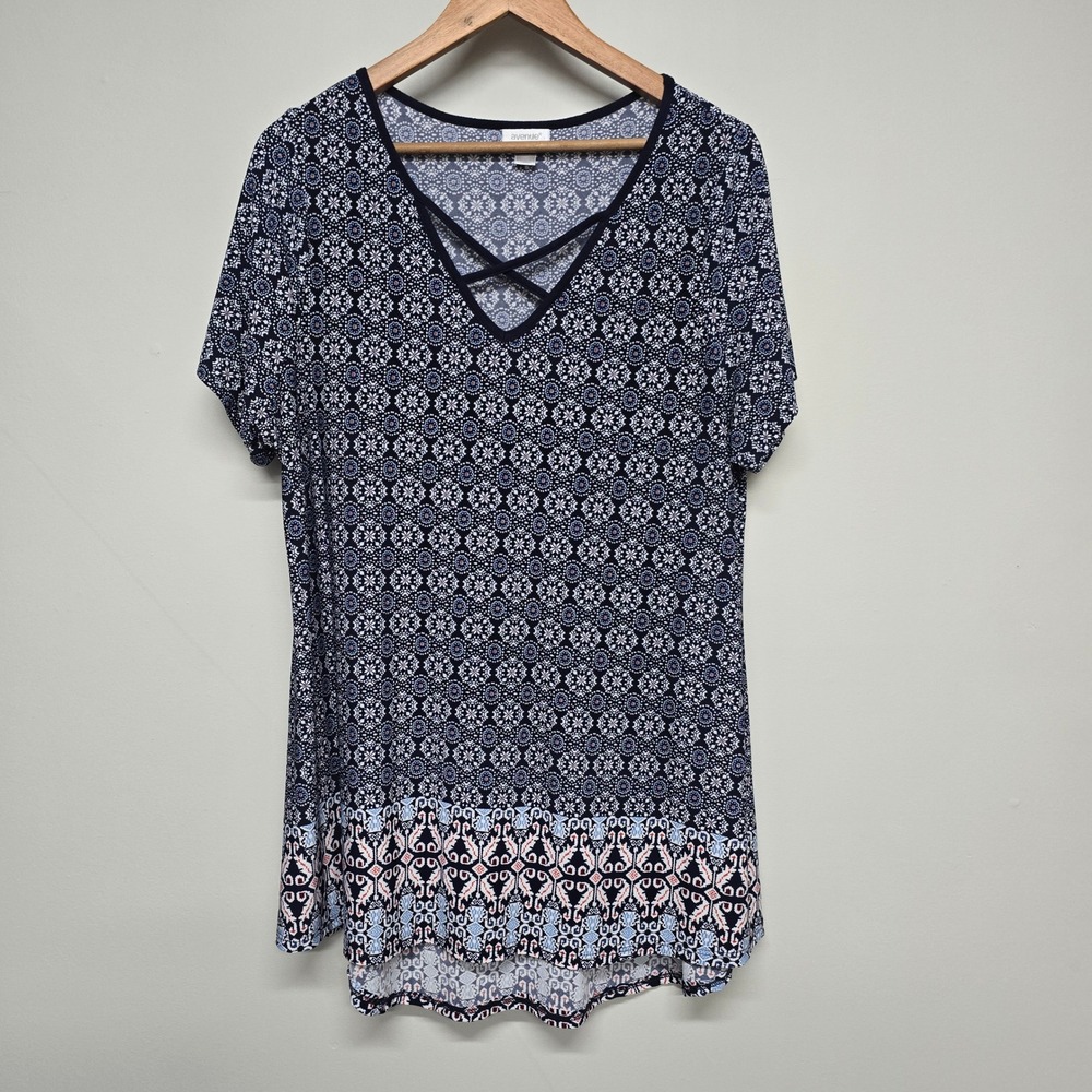 Avenue Tunic Top Women 18/20 Blue Rayon Spandex Lattice V-Neck Medallion Boho